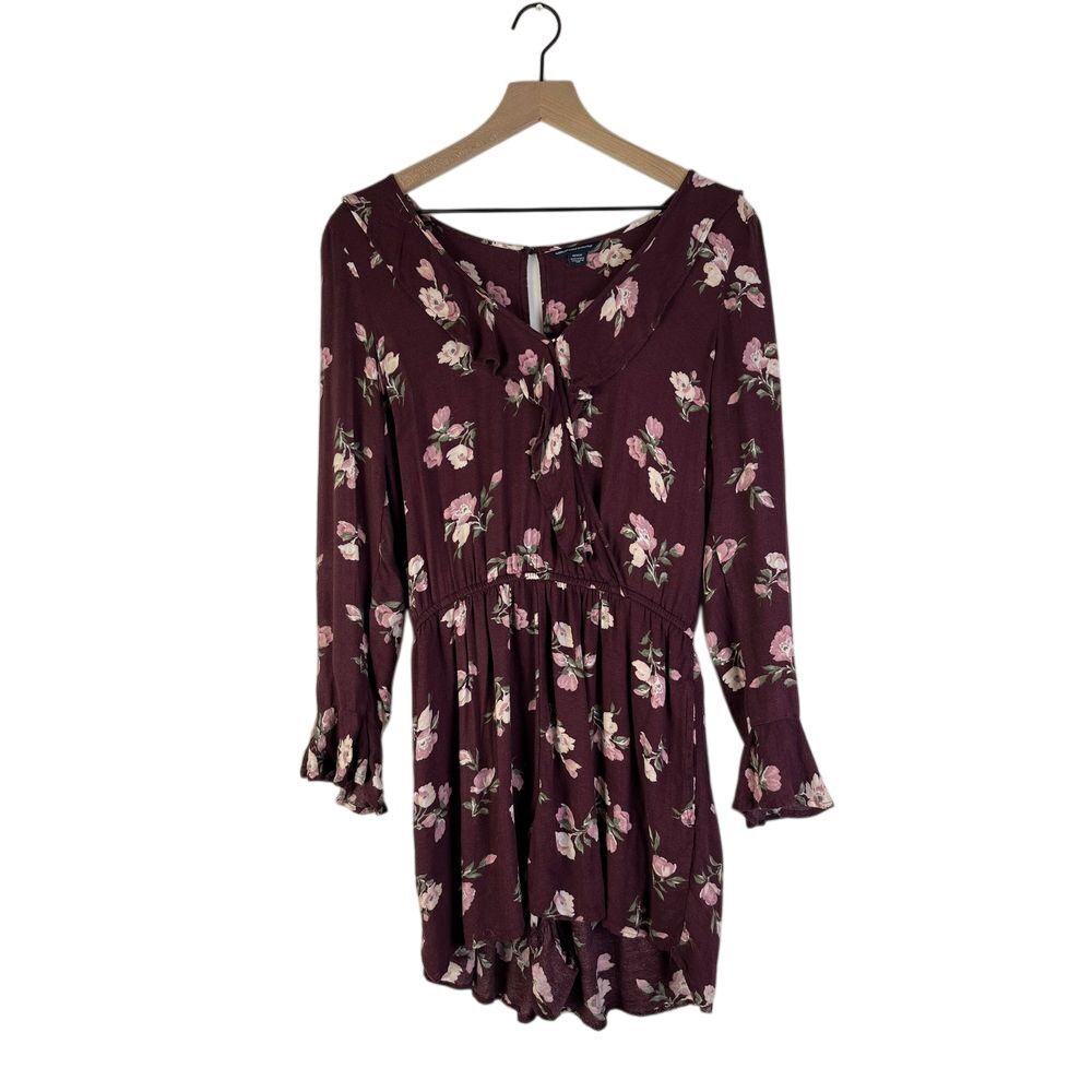 American Eagle‎ Burgundy Floral Long Sleeve Jumpsuit Romper Ruffle Romantic  M